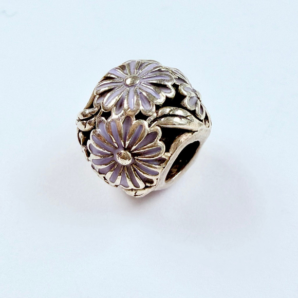 Pandora Lavender Enamel Daisy Meadow Sterling Silver 925 Barrel Charm Retired - Picture 1 of 6